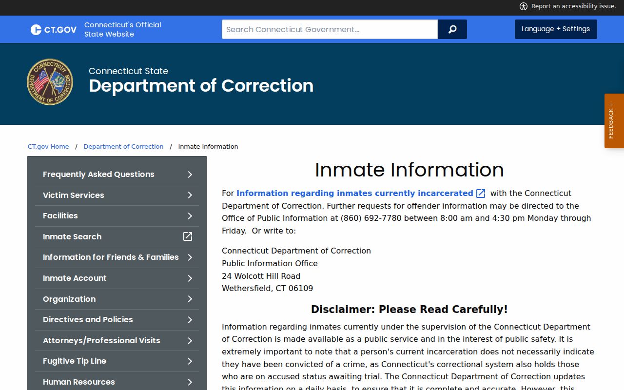 Windham County arrest lookup CT DOC status notice