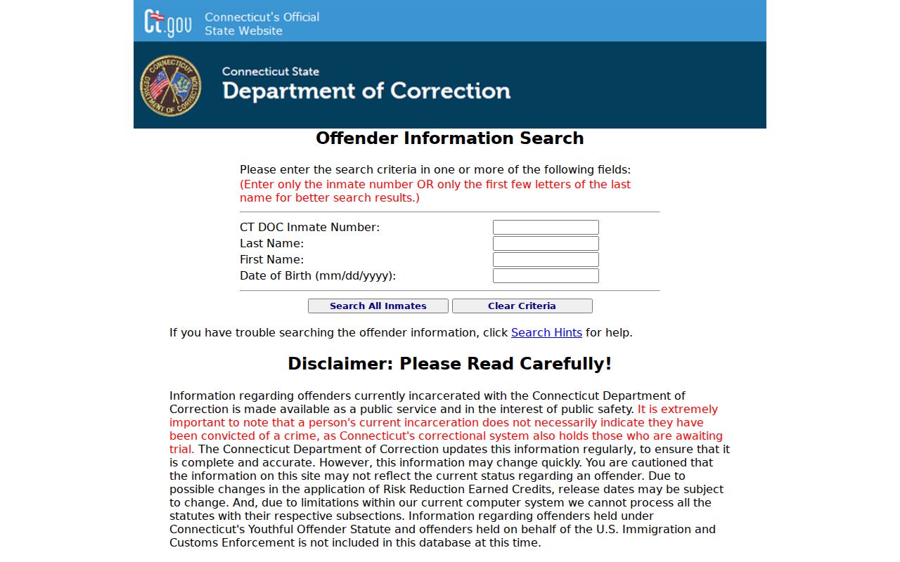 Windham County criminal custody search through CT DOC